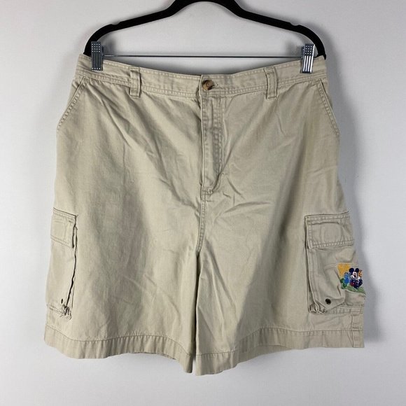 Mickey Mouse Disney Store Cargo Shorts Mens Large Beige Elastic Waist - Picture 1 of 10